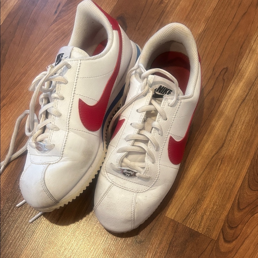 Nike Cortez White Leather Sneakers with Red Swoosh and Blue Stripe